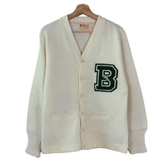 Vintage Stadium Shaker Co 100% Wool Varsity Sweater "B" Cardigan - Picture 1 of 10